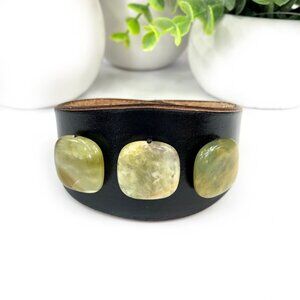 MishaGirl Handmade Black Leather Cuff Bracelet Jade Stone Beads, Adjustable